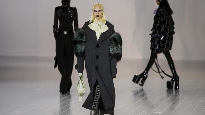 Singer Lady Gaga presents a creation by Marc Jacobs during his Fall/Winter 2016 collection during New York Fashion Week  in the Manhattan borough of New York