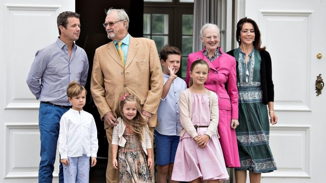Crown Prince Frederik, Prince Vincent, Prince Henrik, Princess Josephine, Prince Christian, Princess Isabella, Queen Margrethe, and Crown Princess Mary pose in the annual photo session at Grasten Castle in Grasten