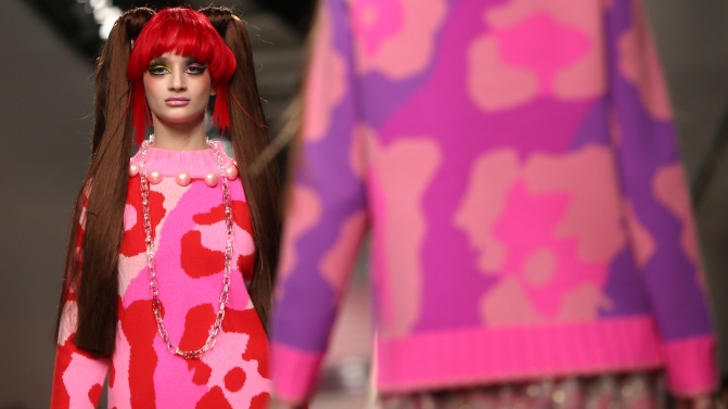 A model presents a creation at the Ryan Lo catwalk show during London Fashion Week in London