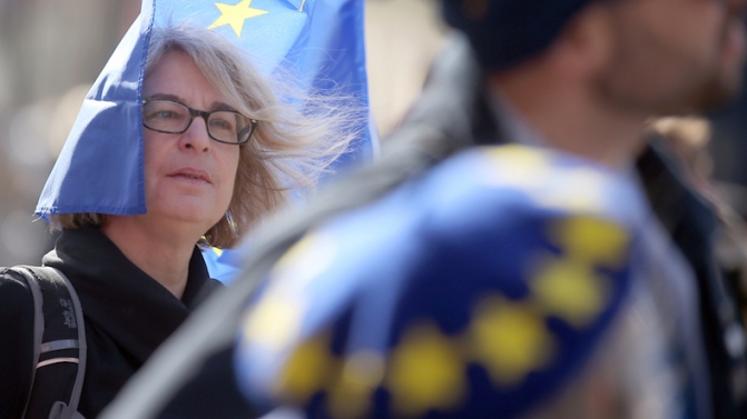 Demonstrators gather for a Unite for Europe march, in central London