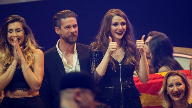 Macedonian singer Burceska and her boyfriend react after their engagement during the Eurovision Song Contest 2017 Semi-Final 2 at the International Exhibition Centre in Kiev