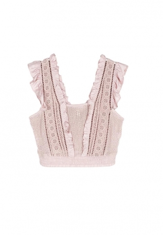 T-shirt crop com folhos de renda, Stradivarius, €15,95