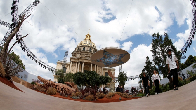 A view shows the runway near the Hotel des Invalides before the Italian designer Maria Grazia Chiuri Haute Couture Fall/Winter 2017/2018 collection for fashion house Dior in Paris