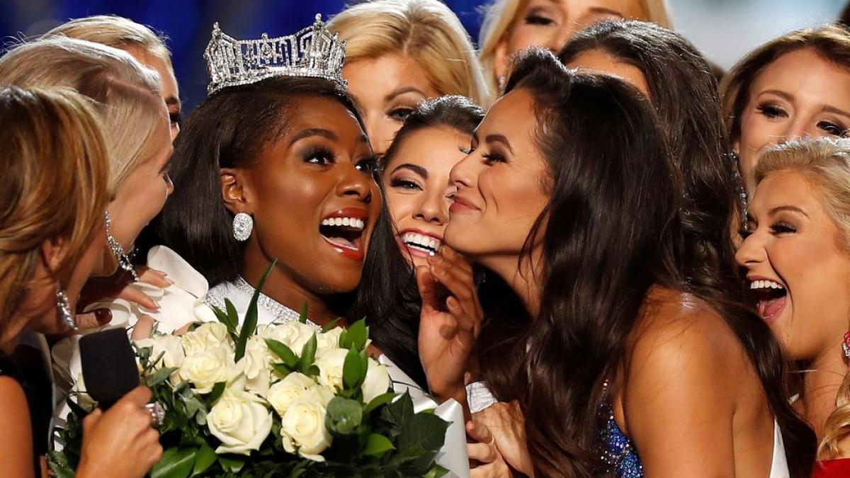 Miss New York Nia Imani Franklin reacts after she won Miss America on stage in Atlantic City