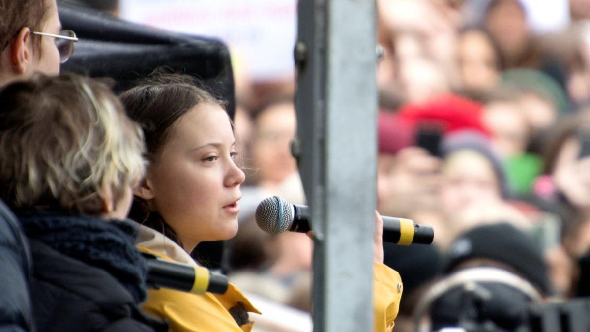 Activist Greta Thunberg speaks during the global demonstration “Global strike for future” in central Stockholm