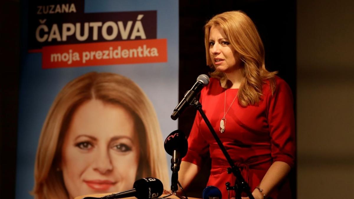 Slovakia’s presidential candidate Caputova speaks after the first unofficial results at a party election headquarters in Bratislava