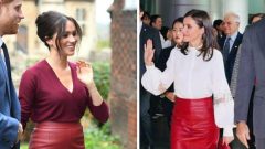 Duquesa de Sussex, Meghan Markle,e Rainha Letizia escolheram a mesma saia da Hugo Boss [Fotografia: Reuters/Twitter]