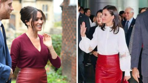 Duquesa de Sussex, Meghan Markle,e Rainha Letizia escolheram a mesma saia da Hugo Boss [Fotografia: Reuters/Twitter]