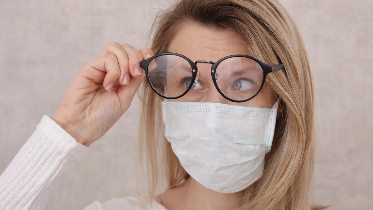 Medical mask and Glasses fogging. Avoid face touching, Coronavirus prevention, Protection.