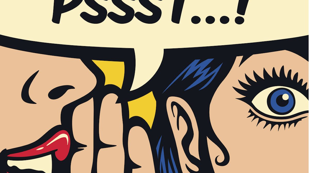 Pop art style comics panel gossip girl whispering secret in ear word of mouth vector illustration