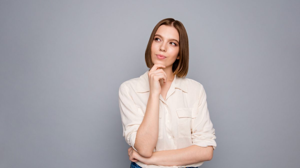 Portrait of charming nice youth work worker touch finger palms hands look have thoughts dressed fashionable modern youth clothes outfit isolated grey background