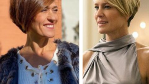 Novo visual de Fátima Lopes, a caminho da SIC. Robin Wright como Claire Underwood, na série 'House of Cards' [Fotografia: Instagram e Divulgação/Montagem]