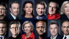 Candidatos à primeira volta das Presidenciais francesas de 2022: Nathalie Arthaud, Nicolas Dupont-Aignan, Anne Hidalgo, Yannick Jadot, Jean Lassalle, Marine Le Pen (em cima, da direita à esquerda); Emmanuel Macron, Jean-Luc Melenchon, Valerie Pecresse, Philippe Poutou, Fabien Roussel, Eric Zemmour (em baixo, da direita para a esquerda) [Fotografia: Joël SAGET and Eric Feferberg / AFP/Montagem]
