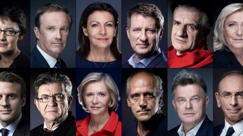 Candidatos à primeira volta das Presidenciais francesas de 2022: Nathalie Arthaud, Nicolas Dupont-Aignan, Anne Hidalgo, Yannick Jadot, Jean Lassalle, Marine Le Pen (em cima, da direita à esquerda); Emmanuel Macron, Jean-Luc Melenchon, Valerie Pecresse, Philippe Poutou, Fabien Roussel, Eric Zemmour (em baixo, da direita para a esquerda) [Fotografia: Joël SAGET and Eric Feferberg / AFP/Montagem]