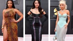 Megan Thee Stallion, Olivia Rodrigo e Doja Cat nos Grammy, em 2022 [Fotografia: omntagem AFP]