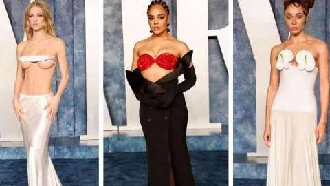 òscares 2023 pós Hunter Schafer, Tessa Thompson e Adwoa Aboah [Fotografia: Monatagem EPA/Nina Prommer]