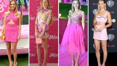 Margot Robbie nas sucessivas apresentadções de Barbie, personagem à qual empresta o seu trabalho estilo cor barbiecore