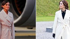 Rainha Letizia de Espanha e Princesa herdeira Mary da Dinamarca casacos brancos sem botões