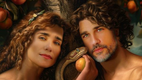 Sandra Celas e Bruno Cabrerizo na peça de teatro "Orgasmos, a Comédia" adão eva