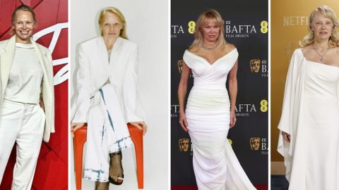 A atriz Pamela Anderson no gala do British Fashion Council, em dezembro de 2023, em campanha publicitária em janeiro de 2024, nos prémios BAFTA, a 16 de fevereiro deste ano, e agora nos SAG Awards, a 23 de fevereiro [Fotografia: Montagem]